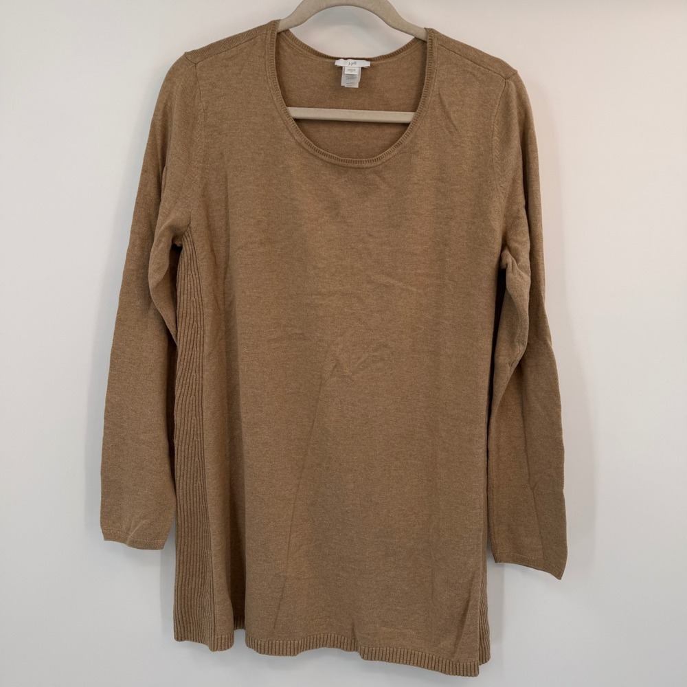 J Jill Camel Tan Ribbed Side Panel Scoop Neck Tunic Sweater Size Medium Neutral